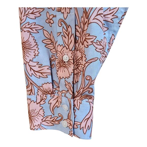 LANDS END Women Petite 16P Blouse Button Up Floral Blue Peach Supima Cotton 44" - Picture 4 of 7